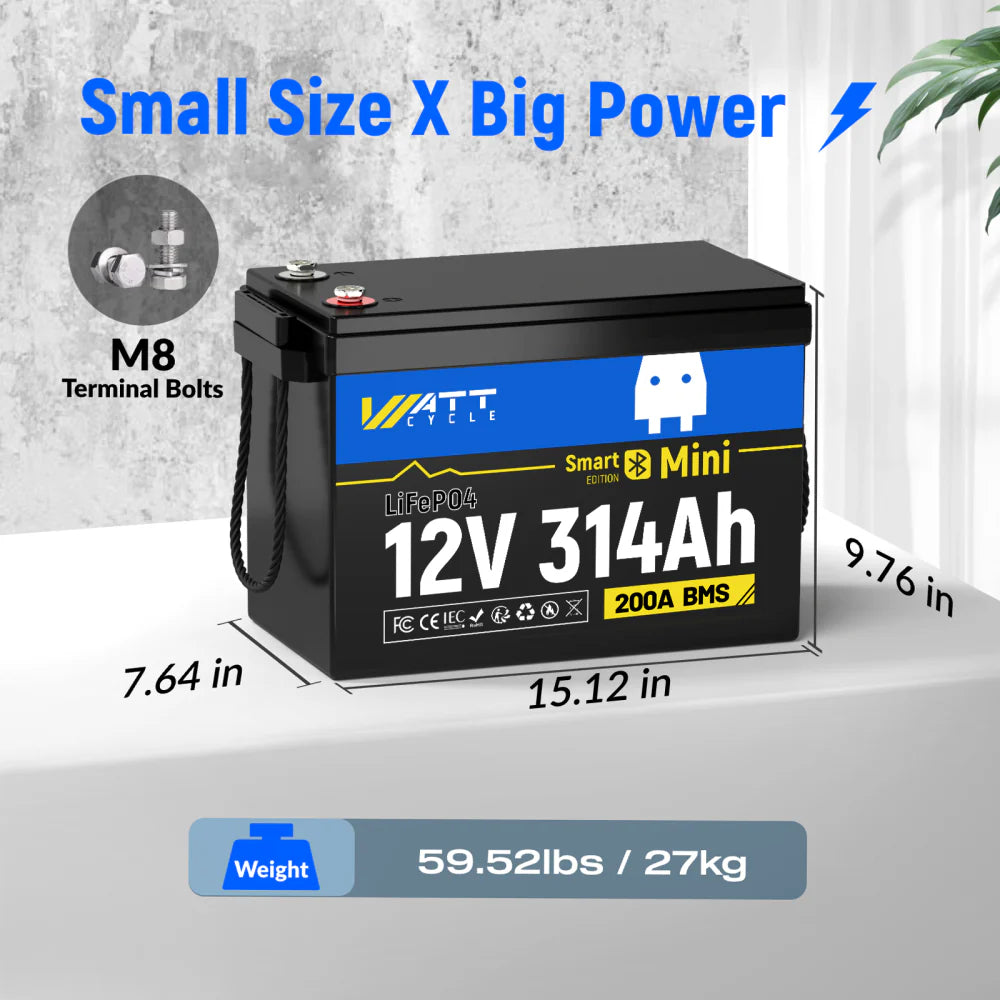 12V 314Ah MINI Bluetooth LiFePO4 Battery | 200A BMS | 4019Wh